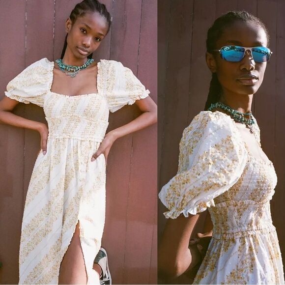 For Love & Lemons Lucie Midi Yellow White Dress Smocked Size S - Picture 1 of 8